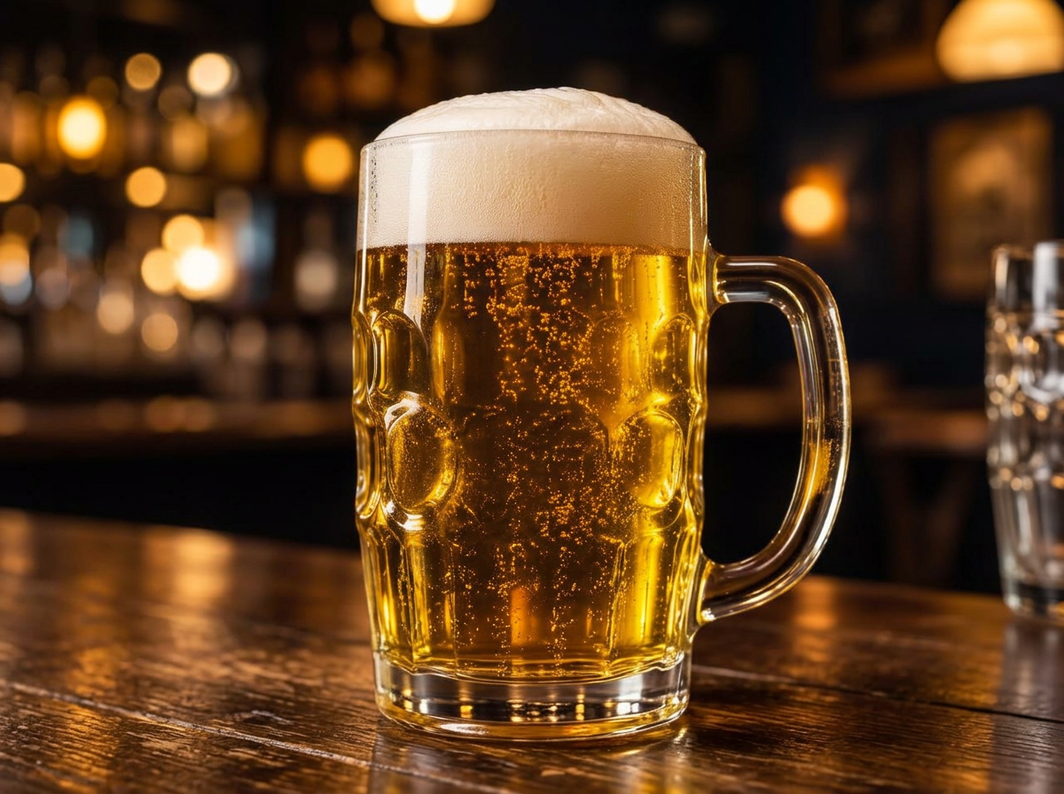Frisch gezapftes Bier mit Schaumkrone im warmen Barlicht, Detailaufnahme