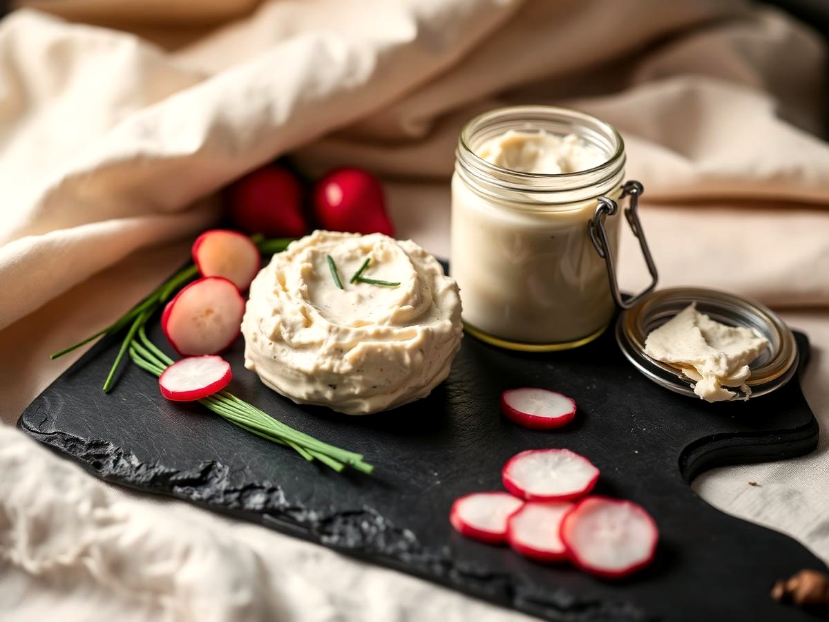 Hausgemachter Obatzda mit Radieschen und Schnittlauch auf einem Schieferbrett, daneben ein Glas zum Mitnehmen